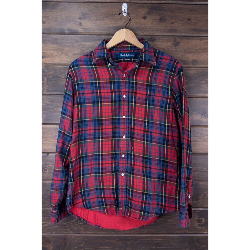 Ralph Lauren Custom Fit Flannel Shirt Mens Med Red Blue Plaid Lined Button Down